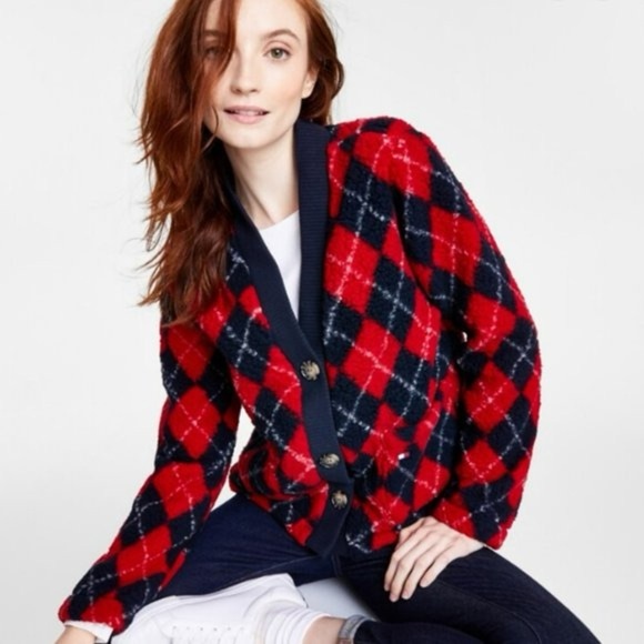 Tommy Hilfiger Fluffy Blue and Red Argyle Button Front Jacket Size large - Picture 1 of 10